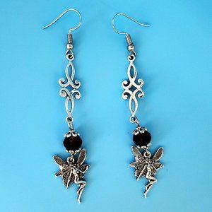 Silver Fairy Dangle Earrings with Purple Crystal Accent